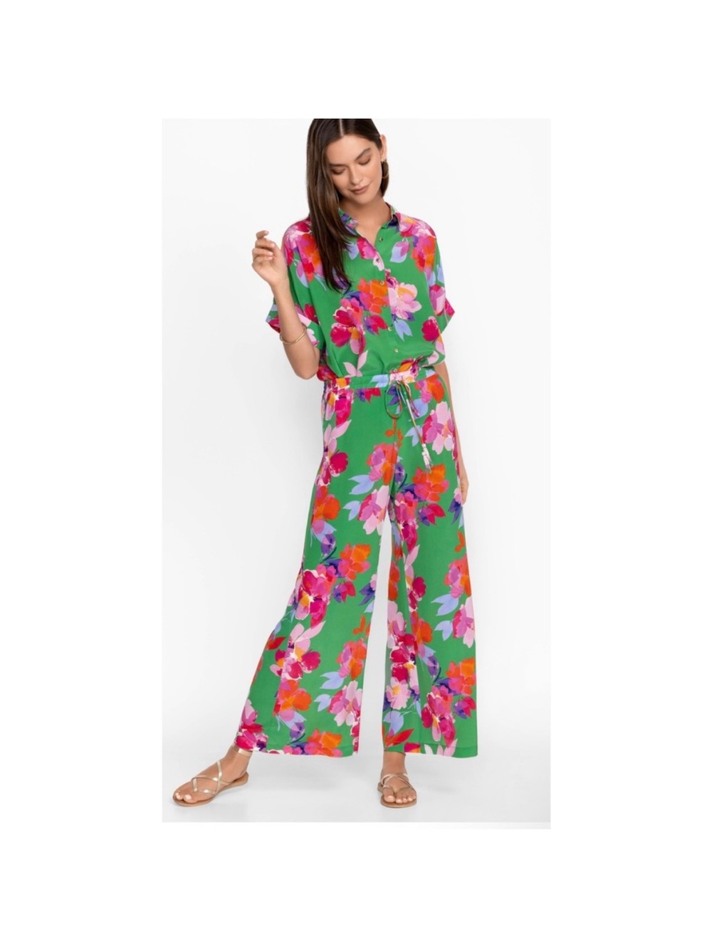 Johnny Was Green Wide-Leg Floral Jumpsuit with Pink & Orange Blooms